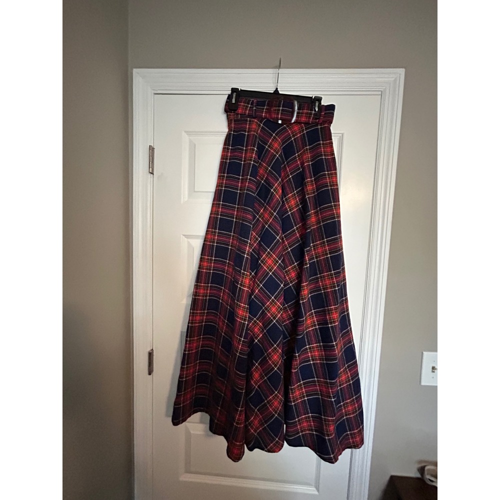 Vintage Red and Navy Plaid Maxi Skirt with Belt